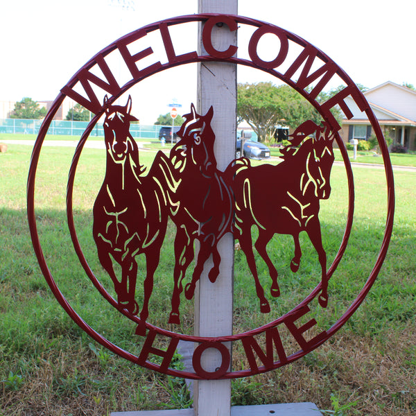 WELCOME RUNNING HORSES RUSTIC RED METAL WALL ART SIGN WESTERN HOME DECOR HANDMADE NEW #EH12719
