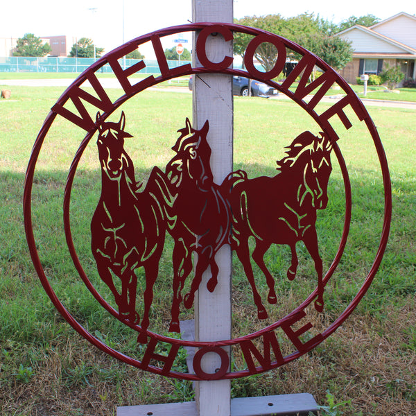 WELCOME RUNNING HORSES RUSTIC RED METAL WALL ART SIGN WESTERN HOME DECOR HANDMADE NEW #EH12719