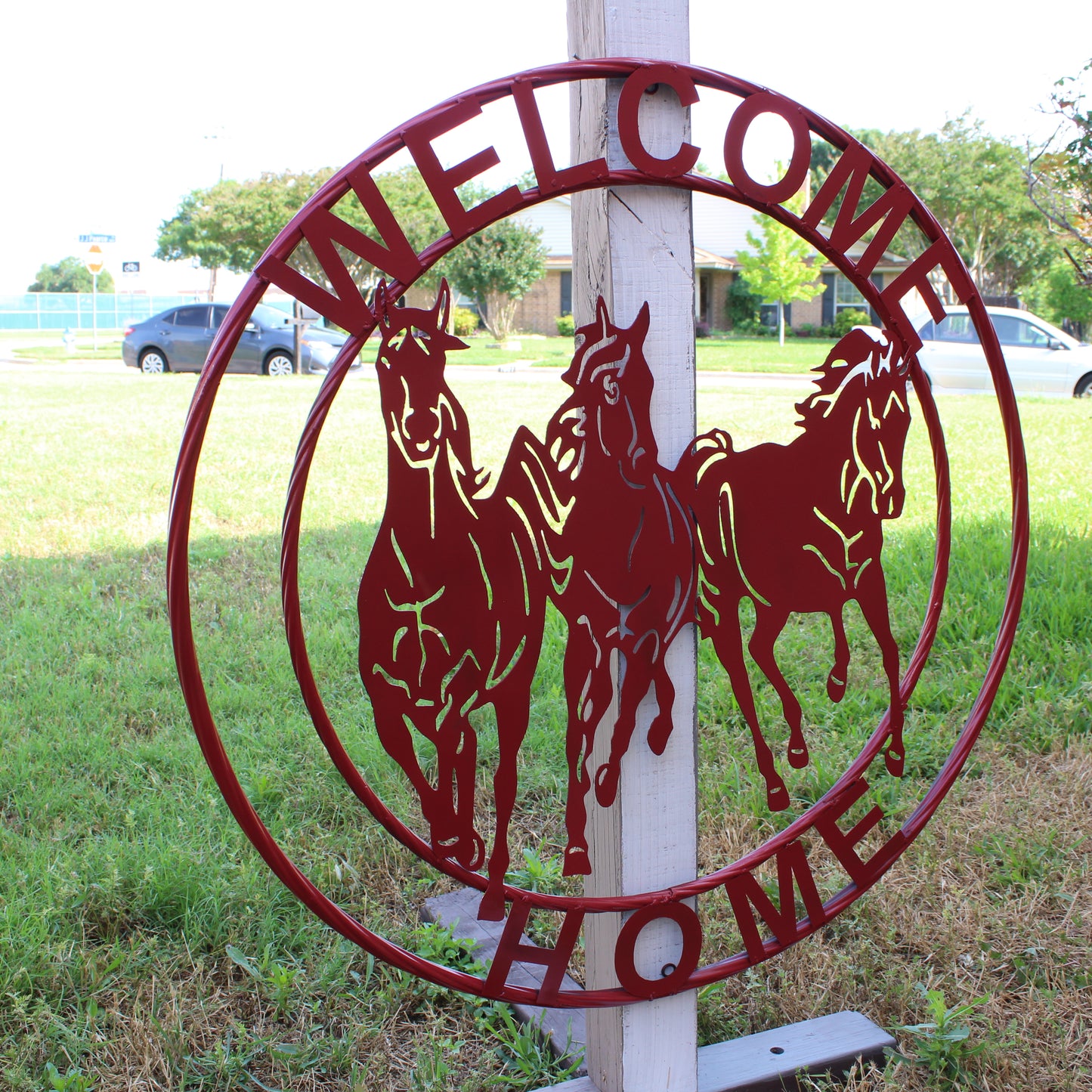 WELCOME RUNNING HORSES RUSTIC RED METAL WALL ART SIGN WESTERN HOME DECOR HANDMADE NEW #EH12719