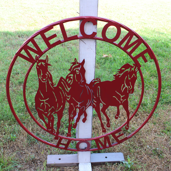 WELCOME RUNNING HORSES RUSTIC RED METAL WALL ART SIGN WESTERN HOME DECOR HANDMADE NEW #EH12719
