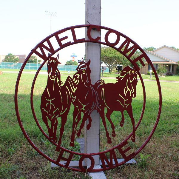 WELCOME RUNNING HORSES RUSTIC RED METAL WALL ART SIGN WESTERN HOME DECOR HANDMADE NEW #EH12719