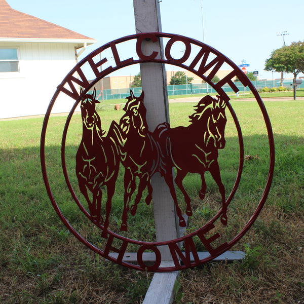 WELCOME RUNNING HORSES RUSTIC RED METAL WALL ART SIGN WESTERN HOME DECOR HANDMADE NEW #EH12719