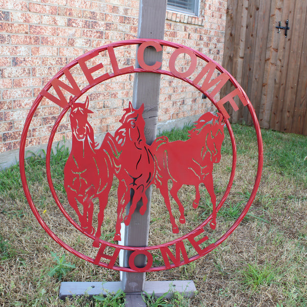 WELCOME RUNNING HORSES RUSTIC RED METAL WALL ART SIGN WESTERN HOME DECOR HANDMADE NEW #EH12719
