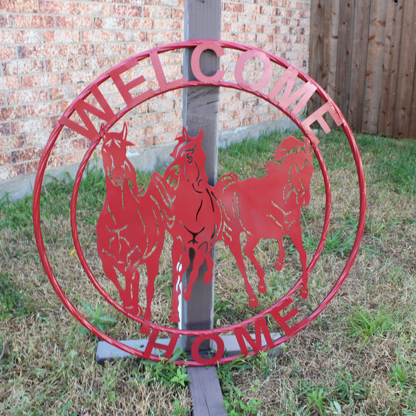 WELCOME RUNNING HORSES RUSTIC RED METAL WALL ART SIGN WESTERN HOME DECOR HANDMADE NEW #EH12719