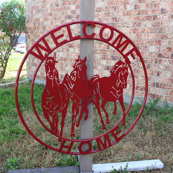 WELCOME RUNNING HORSES RUSTIC RED METAL WALL ART SIGN WESTERN HOME DECOR HANDMADE NEW #EH12719