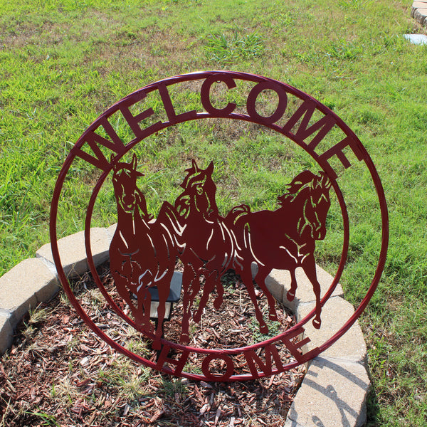 WELCOME RUNNING HORSES RUSTIC RED METAL WALL ART SIGN WESTERN HOME DECOR HANDMADE NEW #EH12719