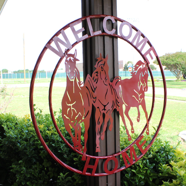 WELCOME RUNNING HORSES RUSTIC RED METAL WALL ART SIGN WESTERN HOME DECOR HANDMADE NEW #EH12719