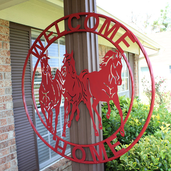 WELCOME RUNNING HORSES RUSTIC RED METAL WALL ART SIGN WESTERN HOME DECOR HANDMADE NEW #EH12719