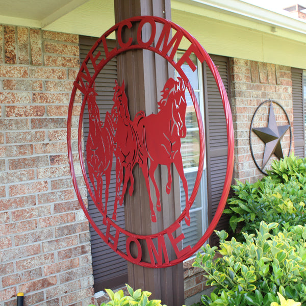 WELCOME RUNNING HORSES RUSTIC RED METAL WALL ART SIGN WESTERN HOME DECOR HANDMADE NEW #EH12719