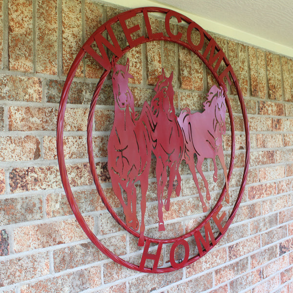 WELCOME RUNNING HORSES RUSTIC RED METAL WALL ART SIGN WESTERN HOME DECOR HANDMADE NEW #EH12719