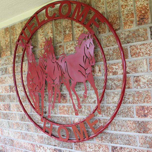 WELCOME RUNNING HORSES RUSTIC RED METAL WALL ART SIGN WESTERN HOME DECOR HANDMADE NEW #EH12719