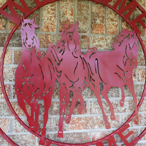 WELCOME RUNNING HORSES RUSTIC RED METAL WALL ART SIGN WESTERN HOME DECOR HANDMADE NEW #EH12719