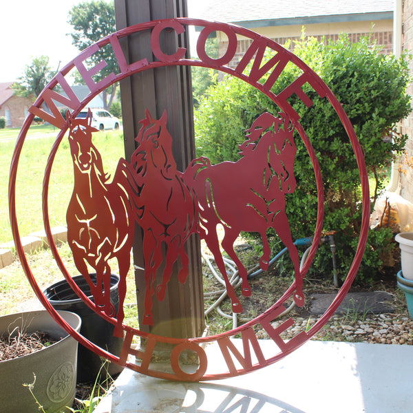 WELCOME RUNNING HORSES RUSTIC RED METAL WALL ART SIGN WESTERN HOME DECOR HANDMADE NEW #EH12719