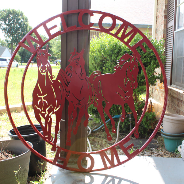 WELCOME RUNNING HORSES RUSTIC RED METAL WALL ART SIGN WESTERN HOME DECOR HANDMADE NEW #EH12719