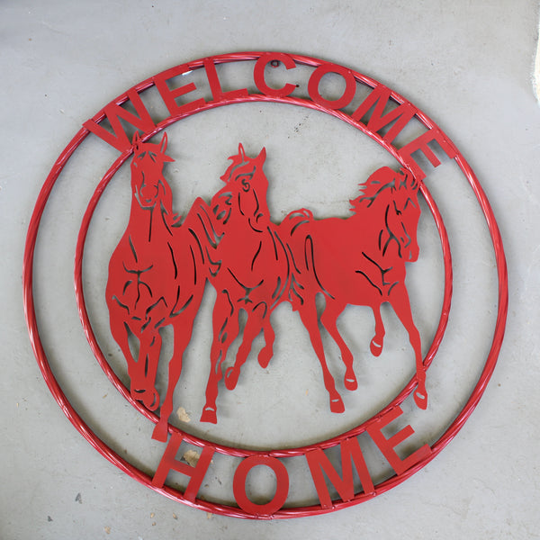 WELCOME RUNNING HORSES RUSTIC RED METAL WALL ART SIGN WESTERN HOME DECOR HANDMADE NEW #EH12719