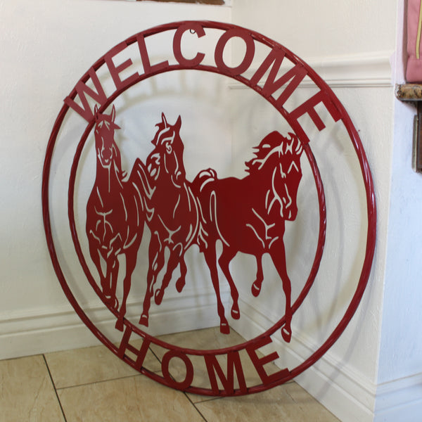 WELCOME RUNNING HORSES RUSTIC RED METAL WALL ART SIGN WESTERN HOME DECOR HANDMADE NEW #EH12719