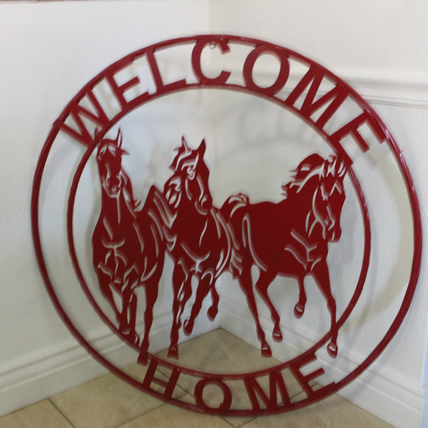 WELCOME RUNNING HORSES RUSTIC RED METAL WALL ART SIGN WESTERN HOME DECOR HANDMADE NEW #EH12719