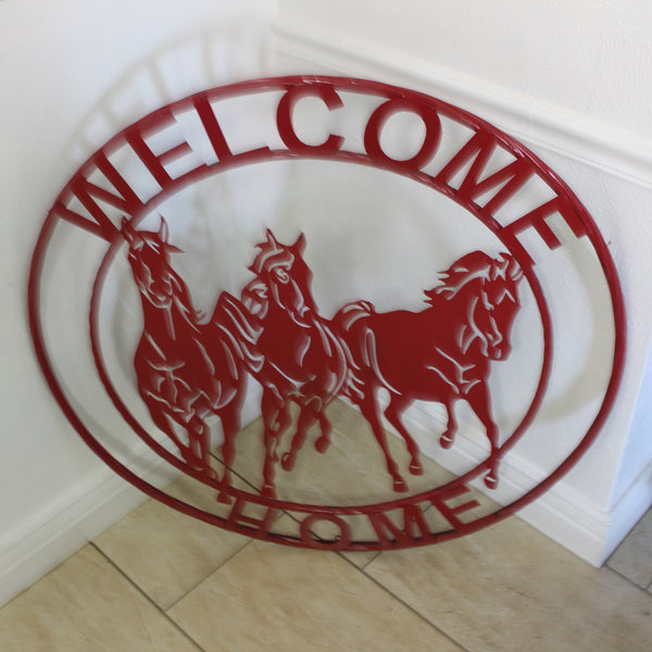 WELCOME RUNNING HORSES RUSTIC RED METAL WALL ART SIGN WESTERN HOME DECOR HANDMADE NEW #EH12719