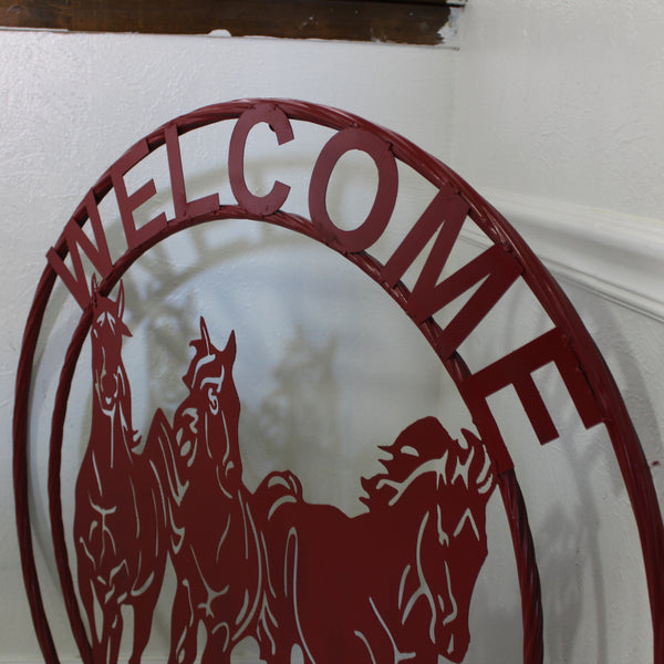 WELCOME RUNNING HORSES RUSTIC RED METAL WALL ART SIGN WESTERN HOME DECOR HANDMADE NEW #EH12719