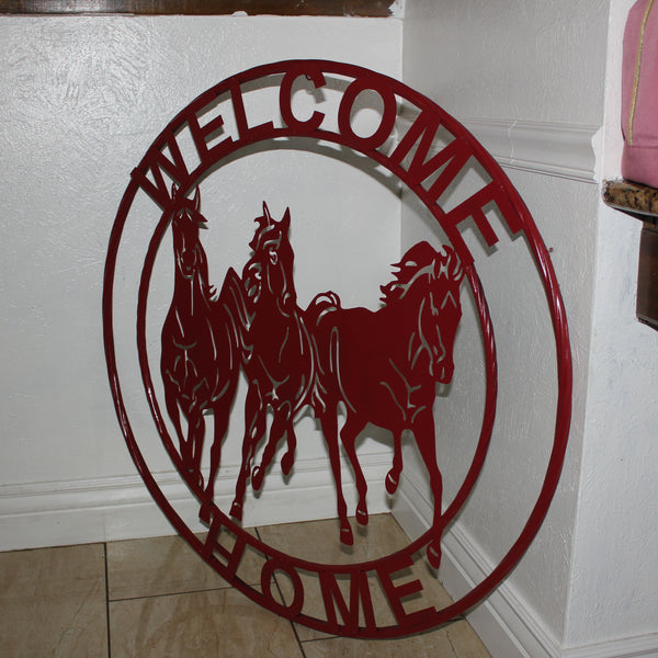 WELCOME RUNNING HORSES RUSTIC RED METAL WALL ART SIGN WESTERN HOME DECOR HANDMADE NEW #EH12719