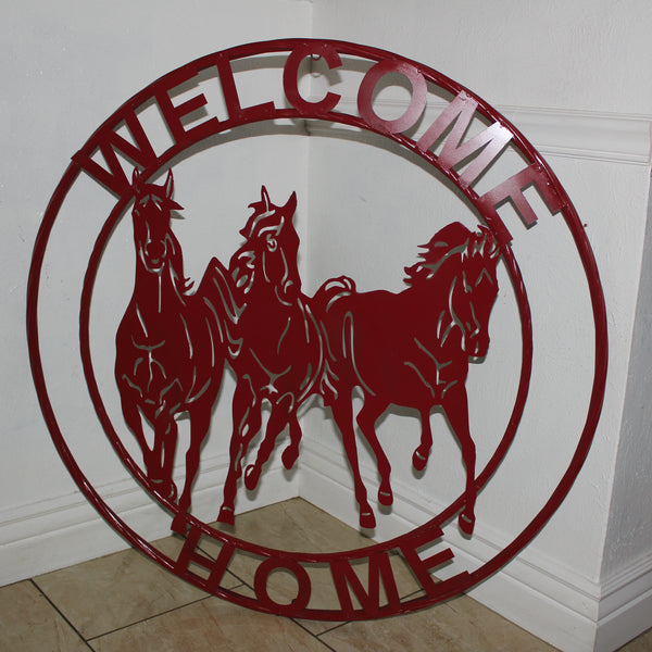 WELCOME RUNNING HORSES RUSTIC RED METAL WALL ART SIGN WESTERN HOME DECOR HANDMADE NEW #EH12719