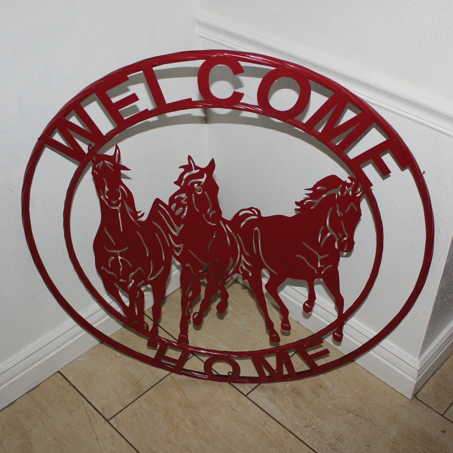 WELCOME RUNNING HORSES RUSTIC RED METAL WALL ART SIGN WESTERN HOME DECOR HANDMADE NEW #EH12719
