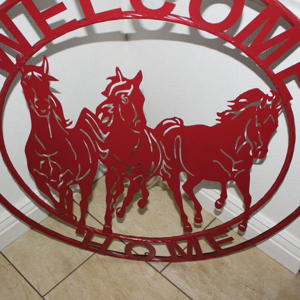 WELCOME RUNNING HORSES RUSTIC RED METAL WALL ART SIGN WESTERN HOME DECOR HANDMADE NEW #EH12719