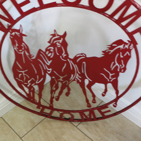 WELCOME RUNNING HORSES RUSTIC RED METAL WALL ART SIGN WESTERN HOME DECOR HANDMADE NEW #EH12719