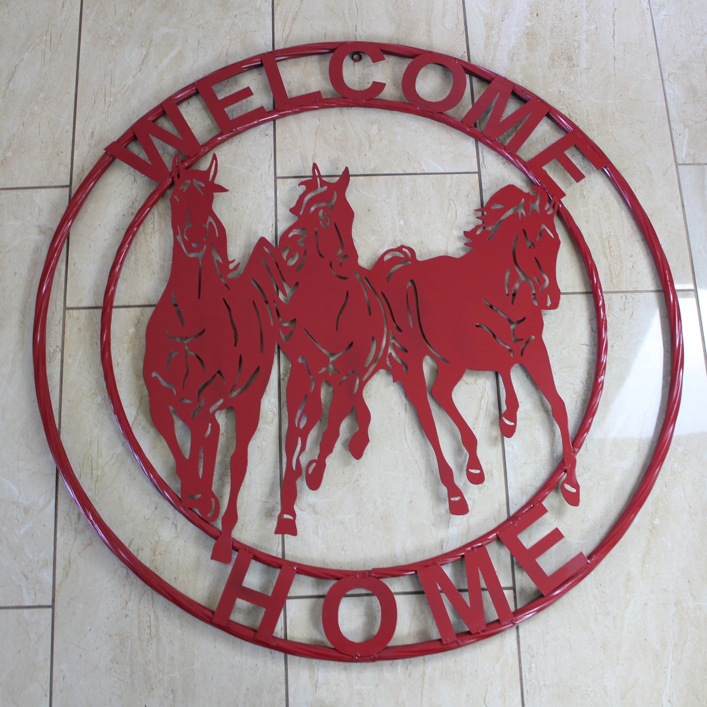 WELCOME RUNNING HORSES RUSTIC RED METAL WALL ART SIGN WESTERN HOME DECOR HANDMADE NEW #EH12719