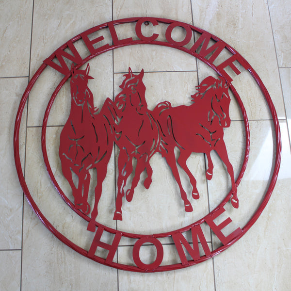 WELCOME RUNNING HORSES RUSTIC RED METAL WALL ART SIGN WESTERN HOME DECOR HANDMADE NEW #EH12719