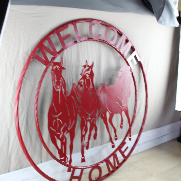 WELCOME RUNNING HORSES RUSTIC RED METAL WALL ART SIGN WESTERN HOME DECOR HANDMADE NEW #EH12719