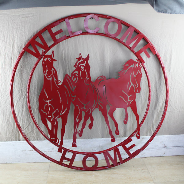 WELCOME RUNNING HORSES RUSTIC RED METAL WALL ART SIGN WESTERN HOME DECOR HANDMADE NEW #EH12719