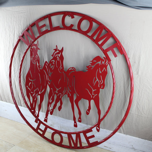 WELCOME RUNNING HORSES RUSTIC RED METAL WALL ART SIGN WESTERN HOME DECOR HANDMADE NEW #EH12719