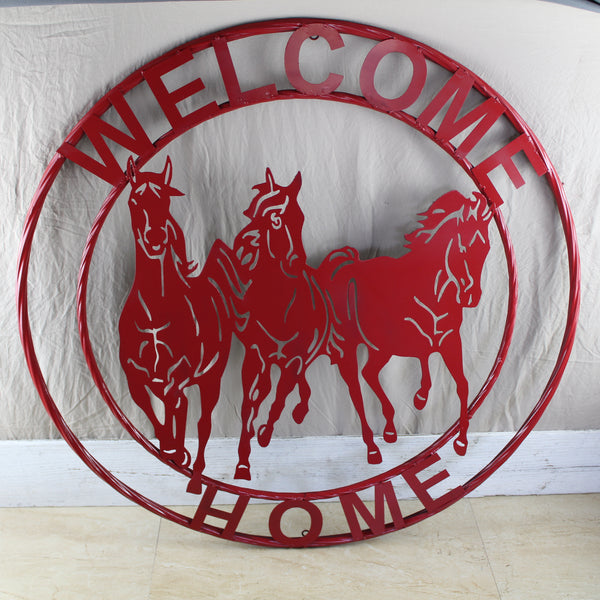 WELCOME RUNNING HORSES RUSTIC RED METAL WALL ART SIGN WESTERN HOME DECOR HANDMADE NEW #EH12719