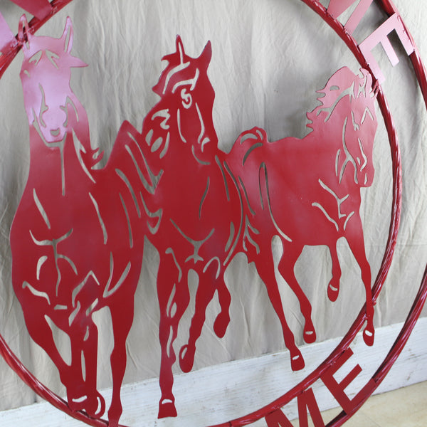 WELCOME RUNNING HORSES RUSTIC RED METAL WALL ART SIGN WESTERN HOME DECOR HANDMADE NEW #EH12719