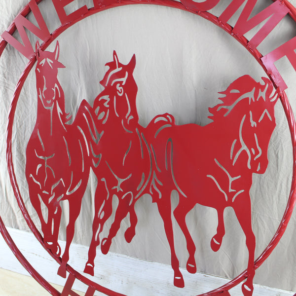 WELCOME RUNNING HORSES RUSTIC RED METAL WALL ART SIGN WESTERN HOME DECOR HANDMADE NEW #EH12719