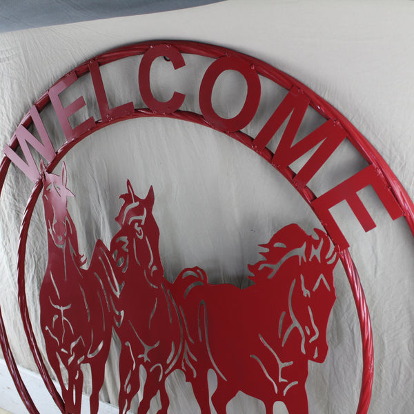 WELCOME RUNNING HORSES RUSTIC RED METAL WALL ART SIGN WESTERN HOME DECOR HANDMADE NEW #EH12719