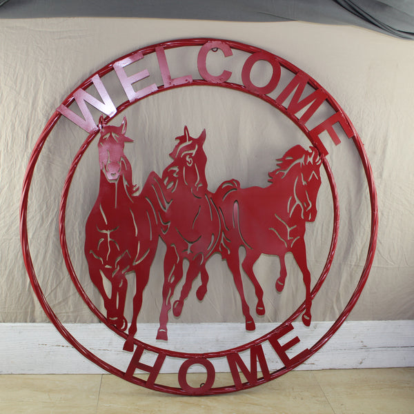 WELCOME RUNNING HORSES RUSTIC RED METAL WALL ART SIGN WESTERN HOME DECOR HANDMADE NEW #EH12719