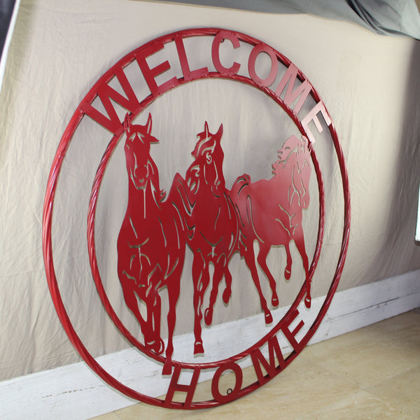 WELCOME RUNNING HORSES RUSTIC RED METAL WALL ART SIGN WESTERN HOME DECOR HANDMADE NEW #EH12719