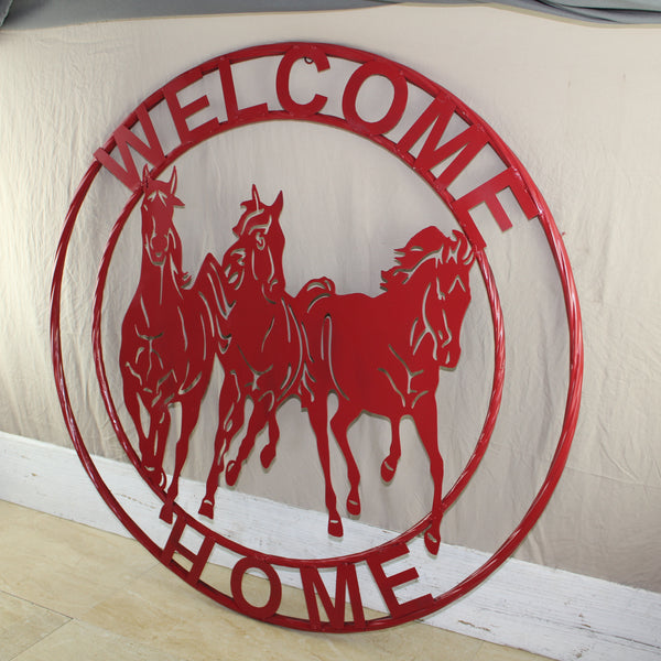 WELCOME RUNNING HORSES RUSTIC RED METAL WALL ART SIGN WESTERN HOME DECOR HANDMADE NEW #EH12719