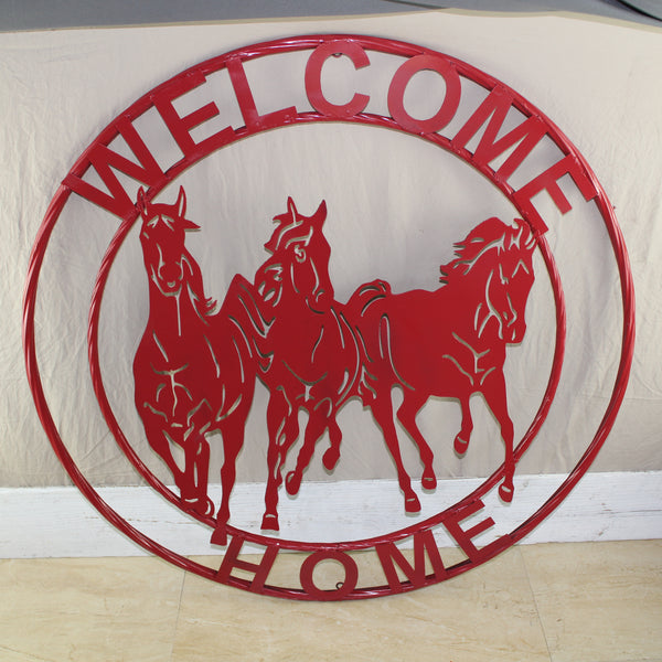 WELCOME RUNNING HORSES RUSTIC RED METAL WALL ART SIGN WESTERN HOME DECOR HANDMADE NEW #EH12719