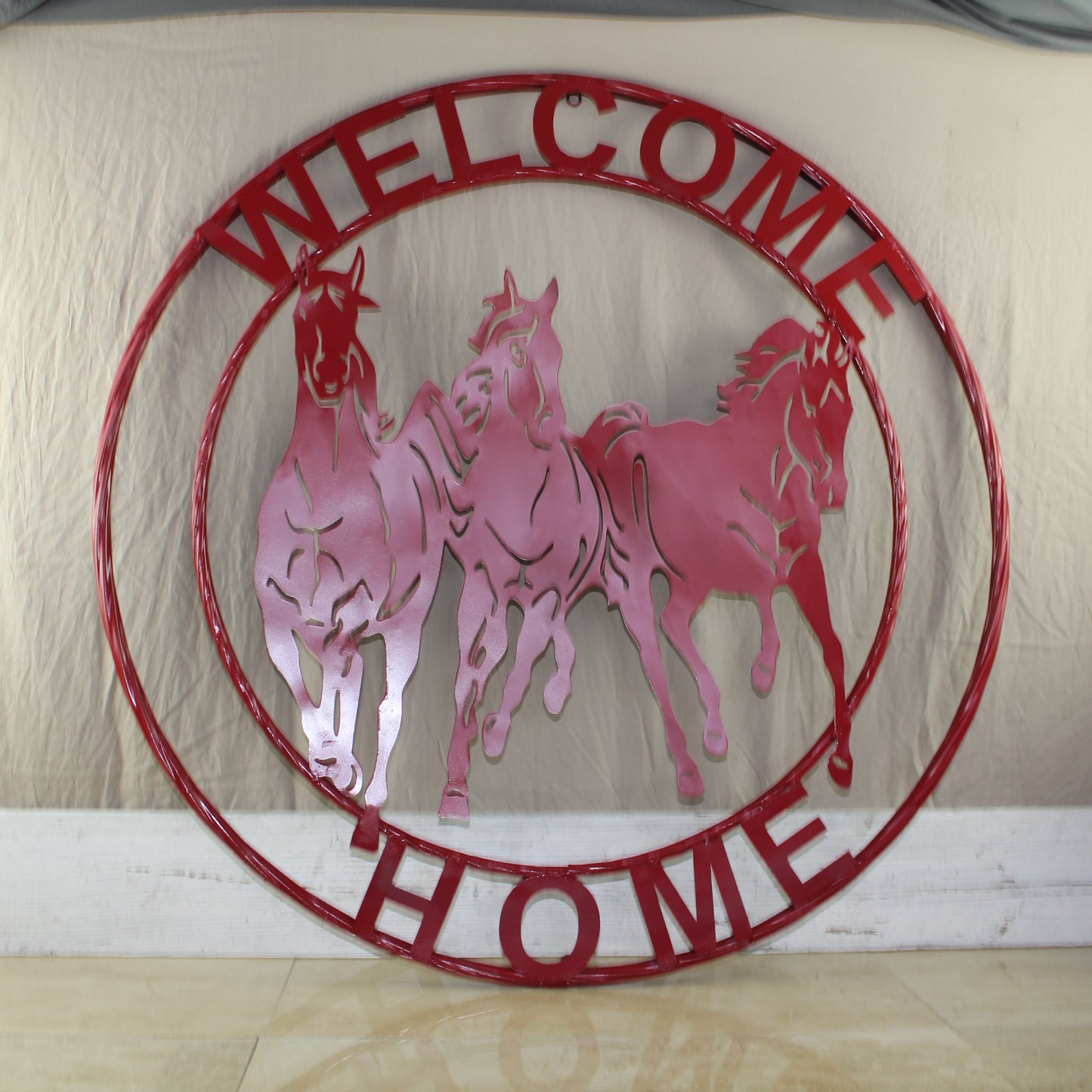 WELCOME RUNNING HORSES RUSTIC RED METAL WALL ART SIGN WESTERN HOME DECOR HANDMADE NEW #EH12719