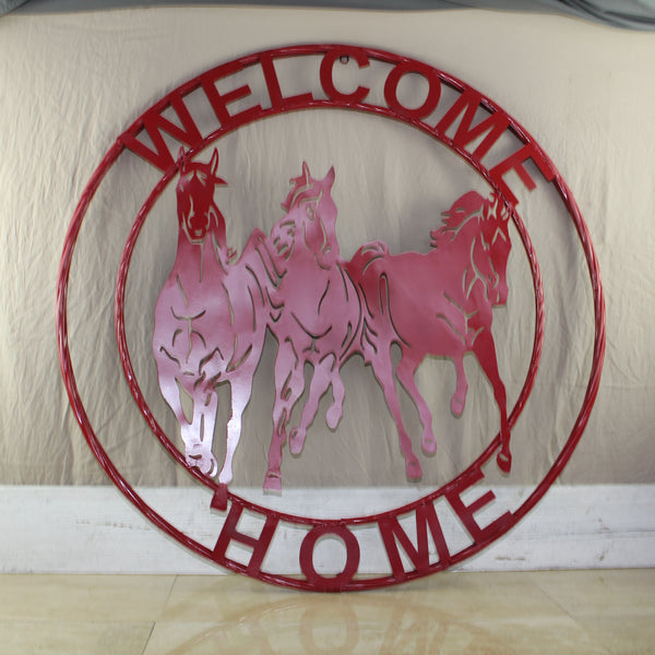 WELCOME RUNNING HORSES RUSTIC RED METAL WALL ART SIGN WESTERN HOME DECOR HANDMADE NEW #EH12719