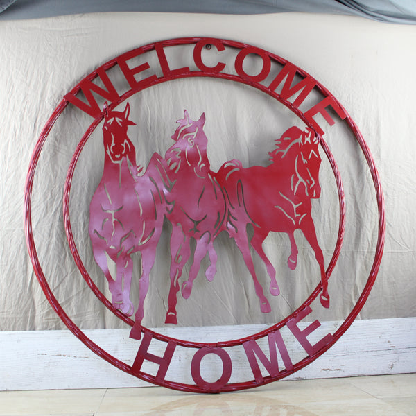 WELCOME RUNNING HORSES RUSTIC RED METAL WALL ART SIGN WESTERN HOME DECOR HANDMADE NEW #EH12719