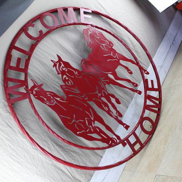 WELCOME RUNNING HORSES RUSTIC RED METAL WALL ART SIGN WESTERN HOME DECOR HANDMADE NEW #EH12719