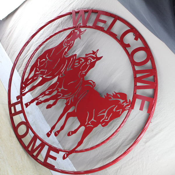 WELCOME RUNNING HORSES RUSTIC RED METAL WALL ART SIGN WESTERN HOME DECOR HANDMADE NEW #EH12719
