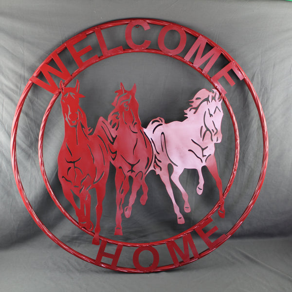 WELCOME RUNNING HORSES RUSTIC RED METAL WALL ART SIGN WESTERN HOME DECOR HANDMADE NEW #EH12719