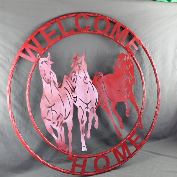 WELCOME RUNNING HORSES RUSTIC RED METAL WALL ART SIGN WESTERN HOME DECOR HANDMADE NEW #EH12719