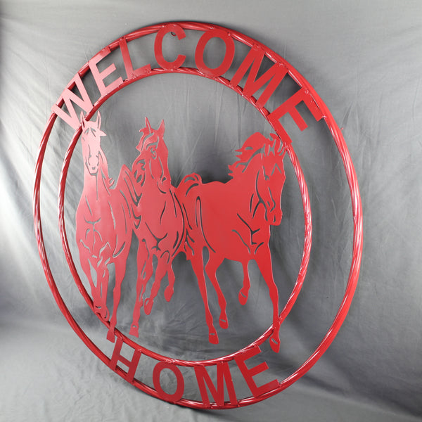 WELCOME RUNNING HORSES RUSTIC RED METAL WALL ART SIGN WESTERN HOME DECOR HANDMADE NEW #EH12719