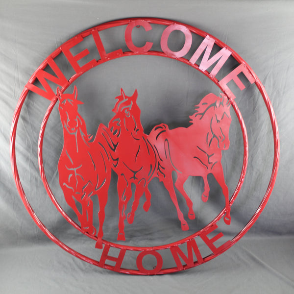 WELCOME RUNNING HORSES RUSTIC RED METAL WALL ART SIGN WESTERN HOME DECOR HANDMADE NEW #EH12719
